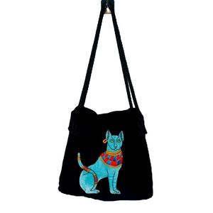 Egyptian Feline Goddess BASTET Black Velvet Purse RARE